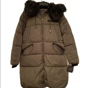 Steve Madden Wms Faux Fur Puffer Coat Olive Gr L